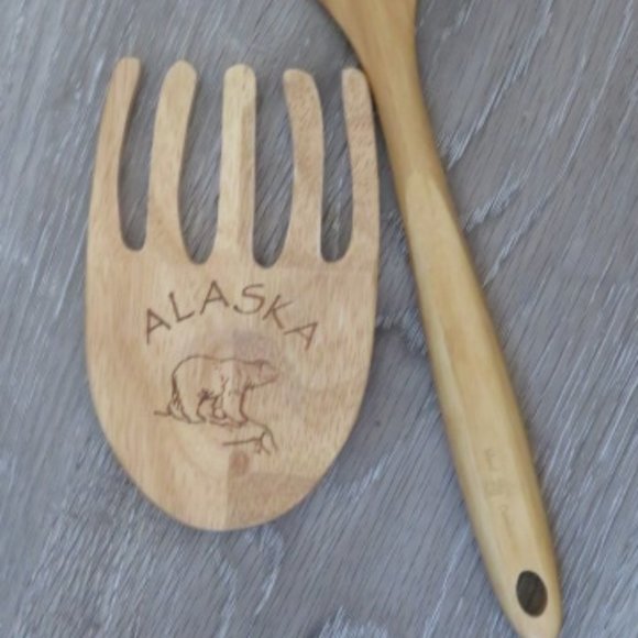 Handcrafted SALAD Server Alaska Claw & Spoon Bamboo/Acacia (K297) - Picture 2 of 4